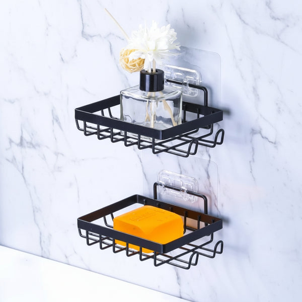 Black wall mounted stainless steel soap dish with no drilling installation.