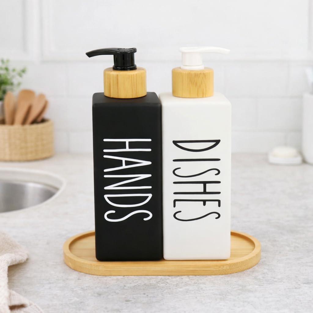 Ceramic square hand and dish soap dispenser set for organising and dispensing hand soap and dishwashing liquid in kitchen and bathroom areas