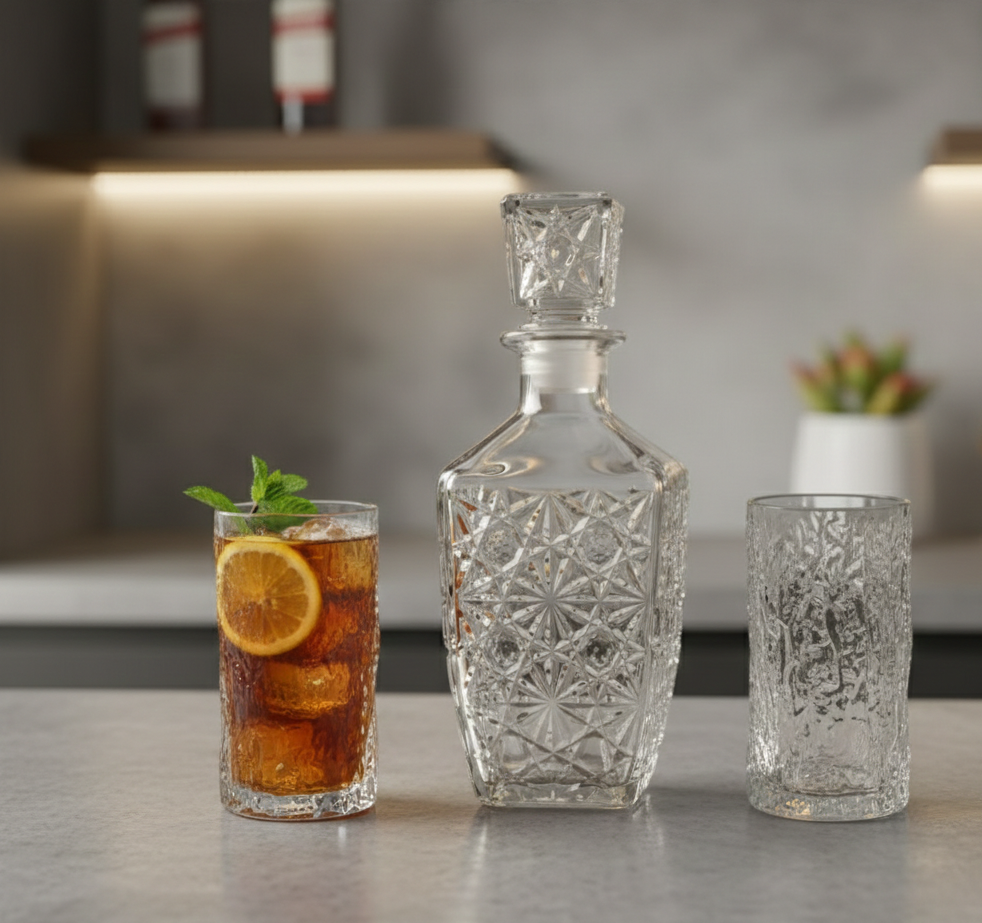 Decanter Square Big with 2 Ice Texture Glasses, 850ml Decanter, 350ml Glasses, Clear Premium Glass