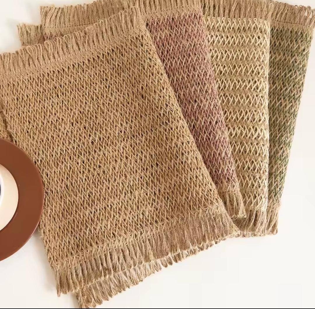 6-piece woven rectangular table place mat set in light brown and dark brown for organised dining table settings.