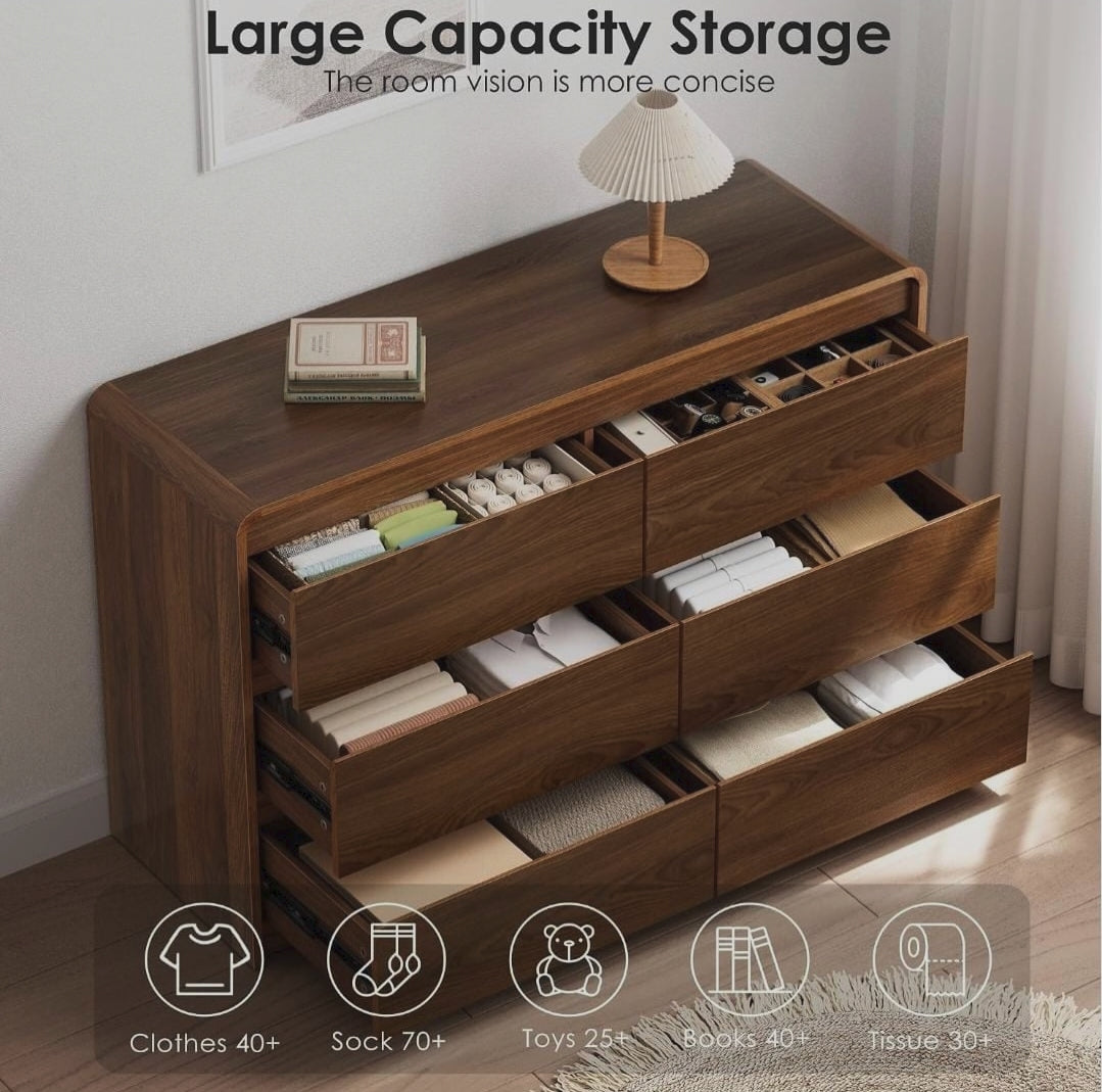 Walnut 6-Drawer Dresser Chest of Drawers with Anti-Tipping Structure 47-Inch