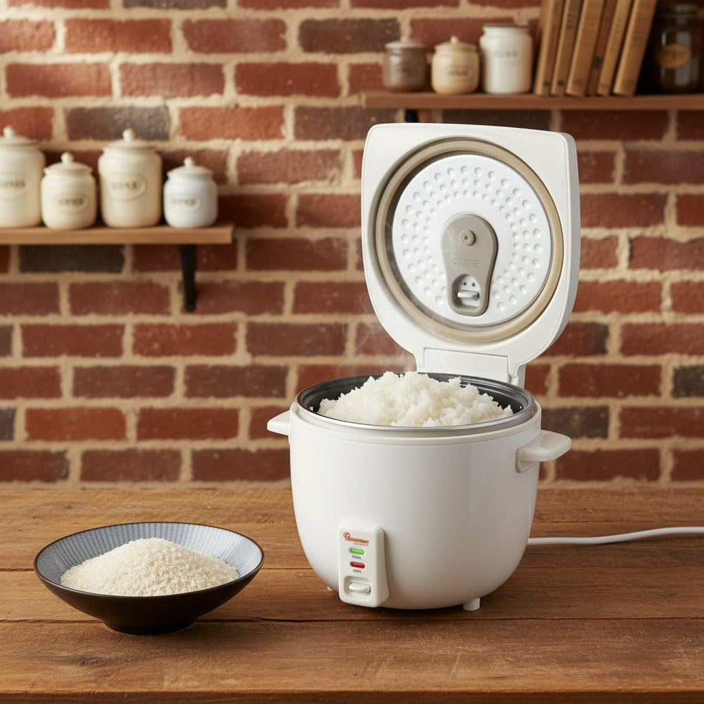 White 1.8-litre electric rice cooker and steamer with tempered glass lid and non-stick removable pan