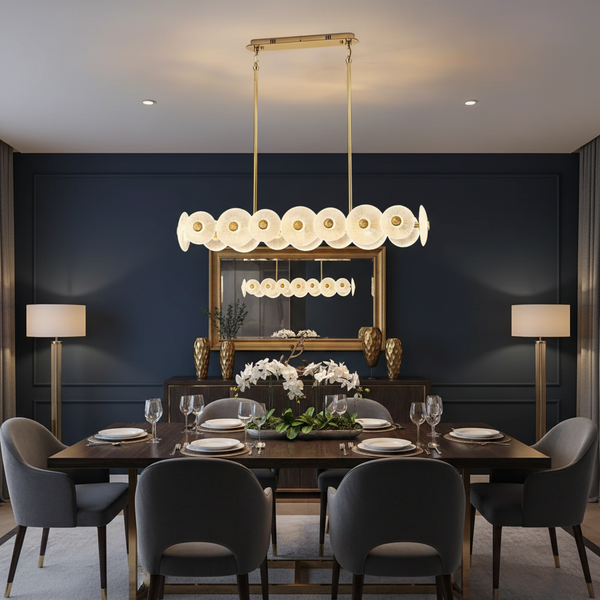 Linear Disc Chandelier Frosted Petal Pendant Gold Light