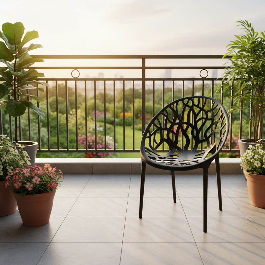 Modern tree branch design plastic chair with hollow-out backrest, available in white and black for indoor and outdoor use.