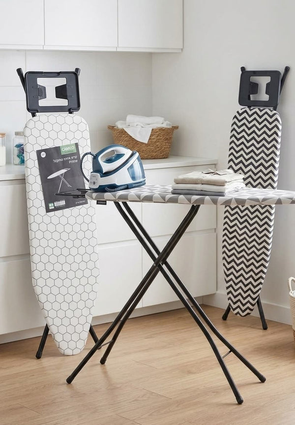 Foldable heat resistant floor standing ironing board with thick padded 110 × 33cm panel and 130 × 33 × 85cm developed size.