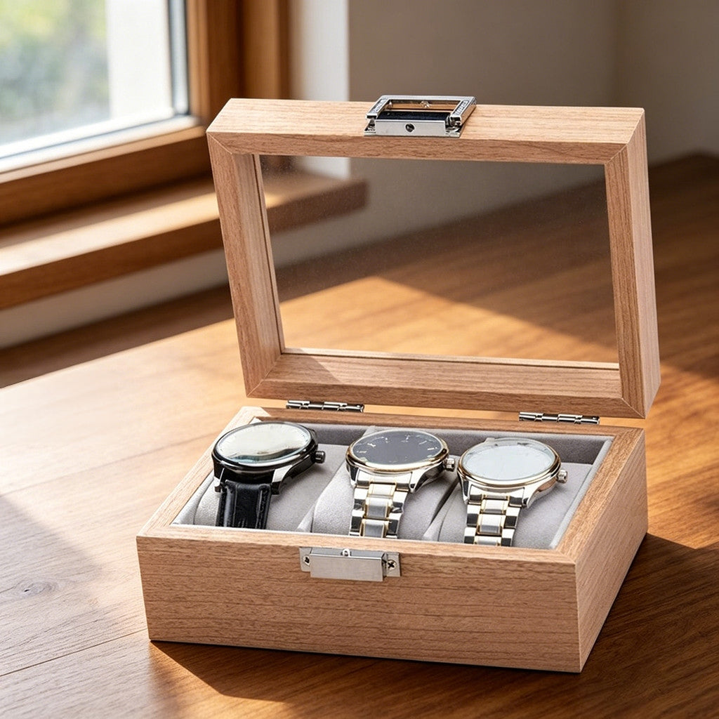3-Slot Wooden Watch Organizer with Glass Top – Watch Display Case and Jewellery Storage Box for Men and Women