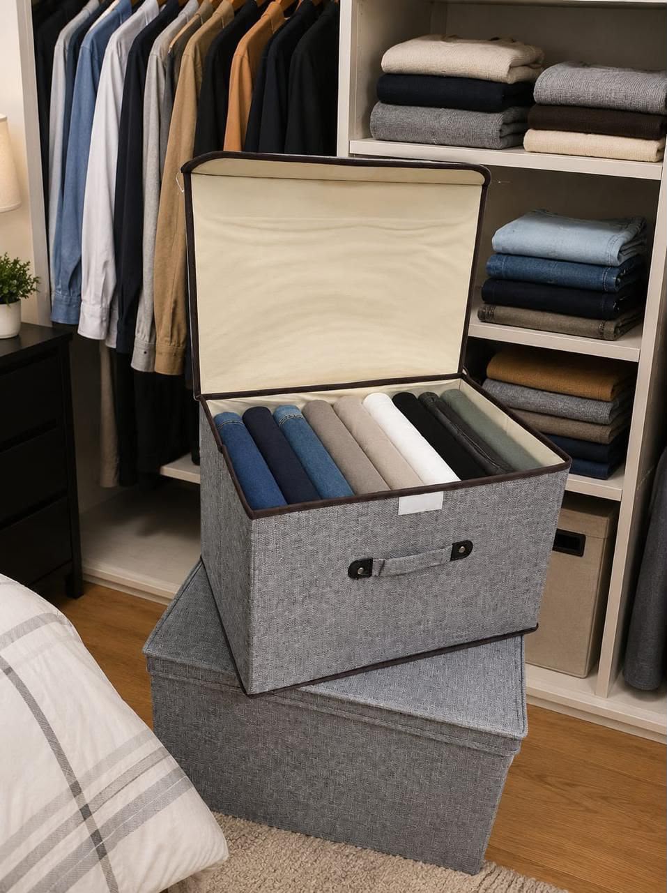 2 in 1 clothes storage organiser set with one large and one small organiser made from thick non woven linen fabric