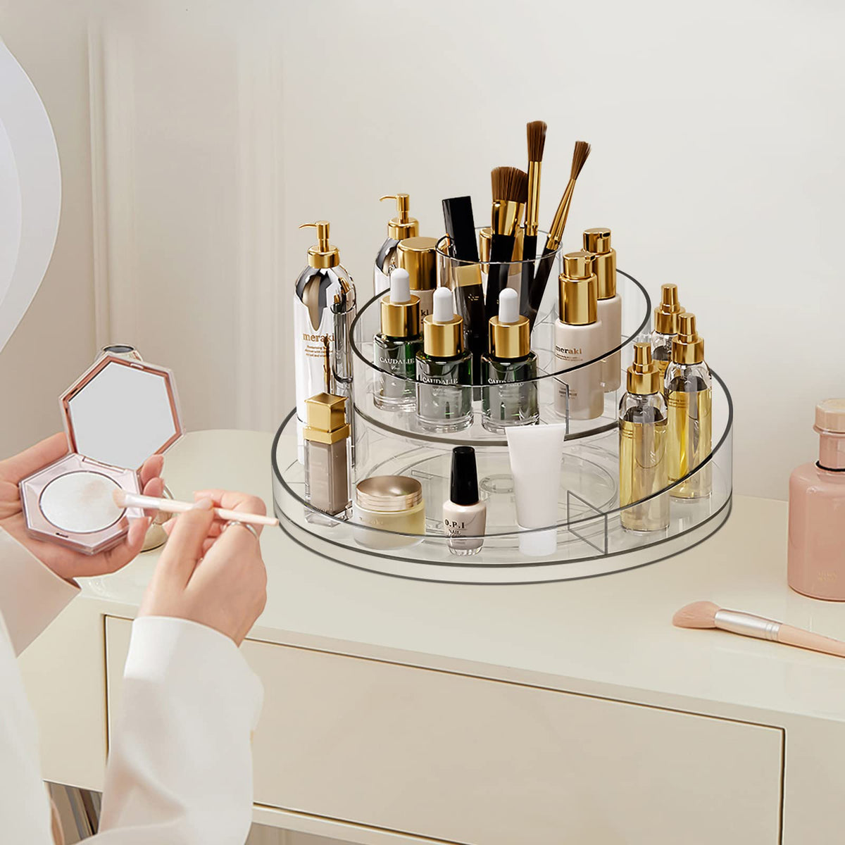 360° Acrylic Cosmetic Organizer – Crystal-Cut Diamond Rotating Makeup Storage for Lipsticks and Skincare