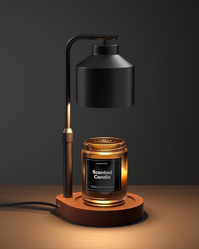 Gemelli Colllection electric candle warmer with wood base black metal candle lamp flame free fragrance warmer decorative home aroma lamp modern bedroom living room office candle warming light stylish candle heater decor accessory