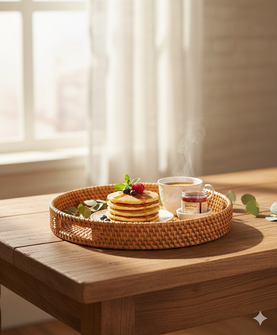 Round rattan serving tray, versatile natural tray for serving drinks, snacks, or as a decorative centerpiece.