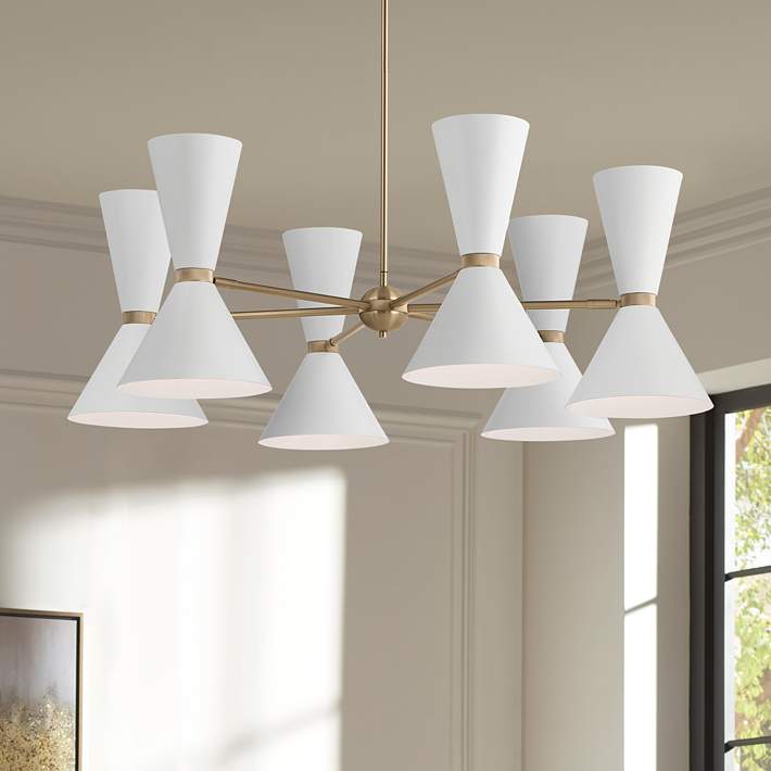 6-light brass mid-century chandelier with white double cone shades and adjustable hanging rod.