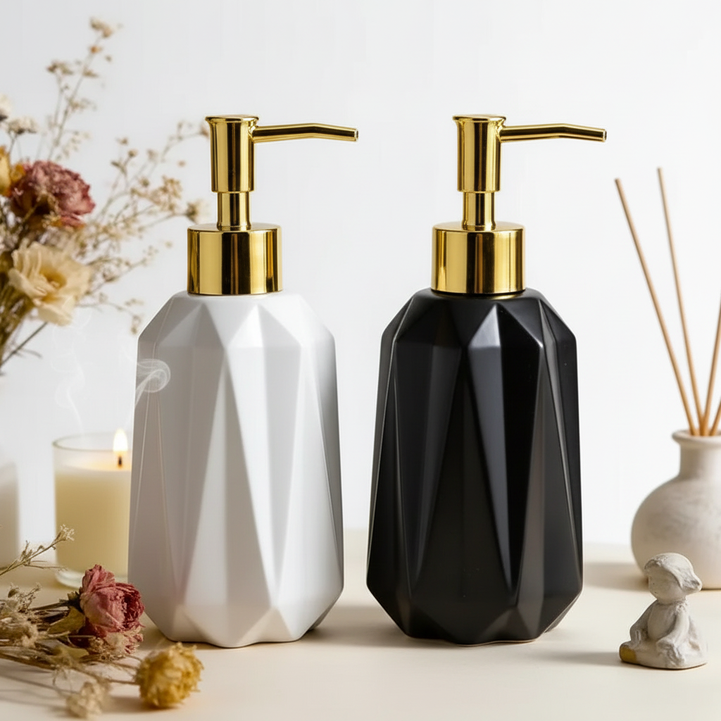 Black and white ceramic soap dispenser for bathroom and kitchen use