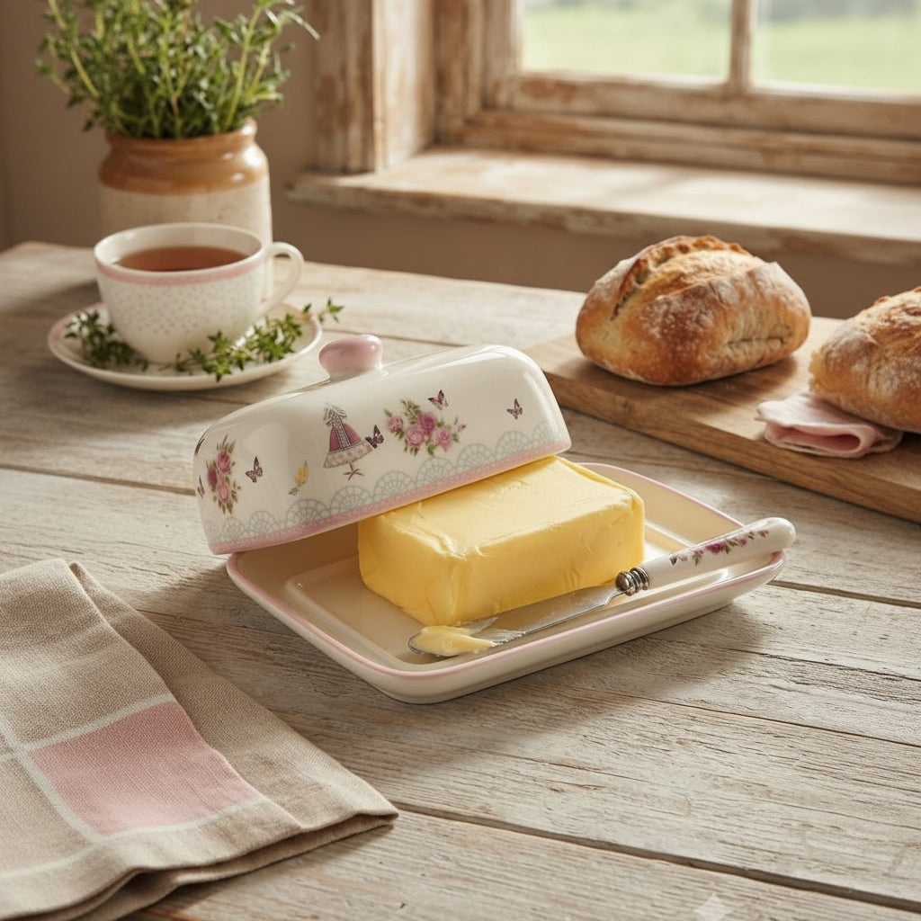 Ceramic Butter Container 18 × 8cm – Covered Butter Dish in White and Pink Décor for Kitchen Storage and Table Serving