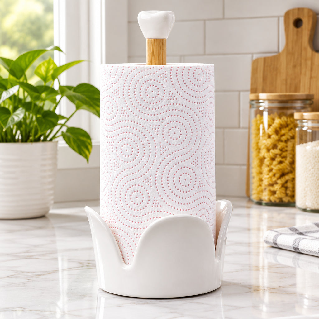 Kitchen Paper Towel Holder With Lotus-Shaped Ceramic Base