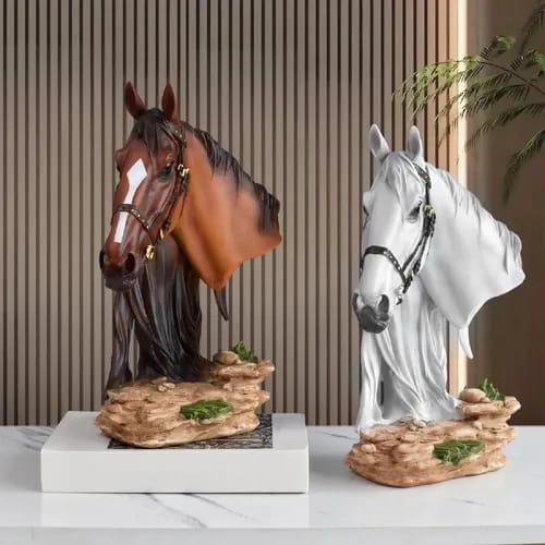 Gemelli Collections 33cm resin horse head statue with detailed mane and bridle on a textured rock base, available in rich brown and elegant white finishes.