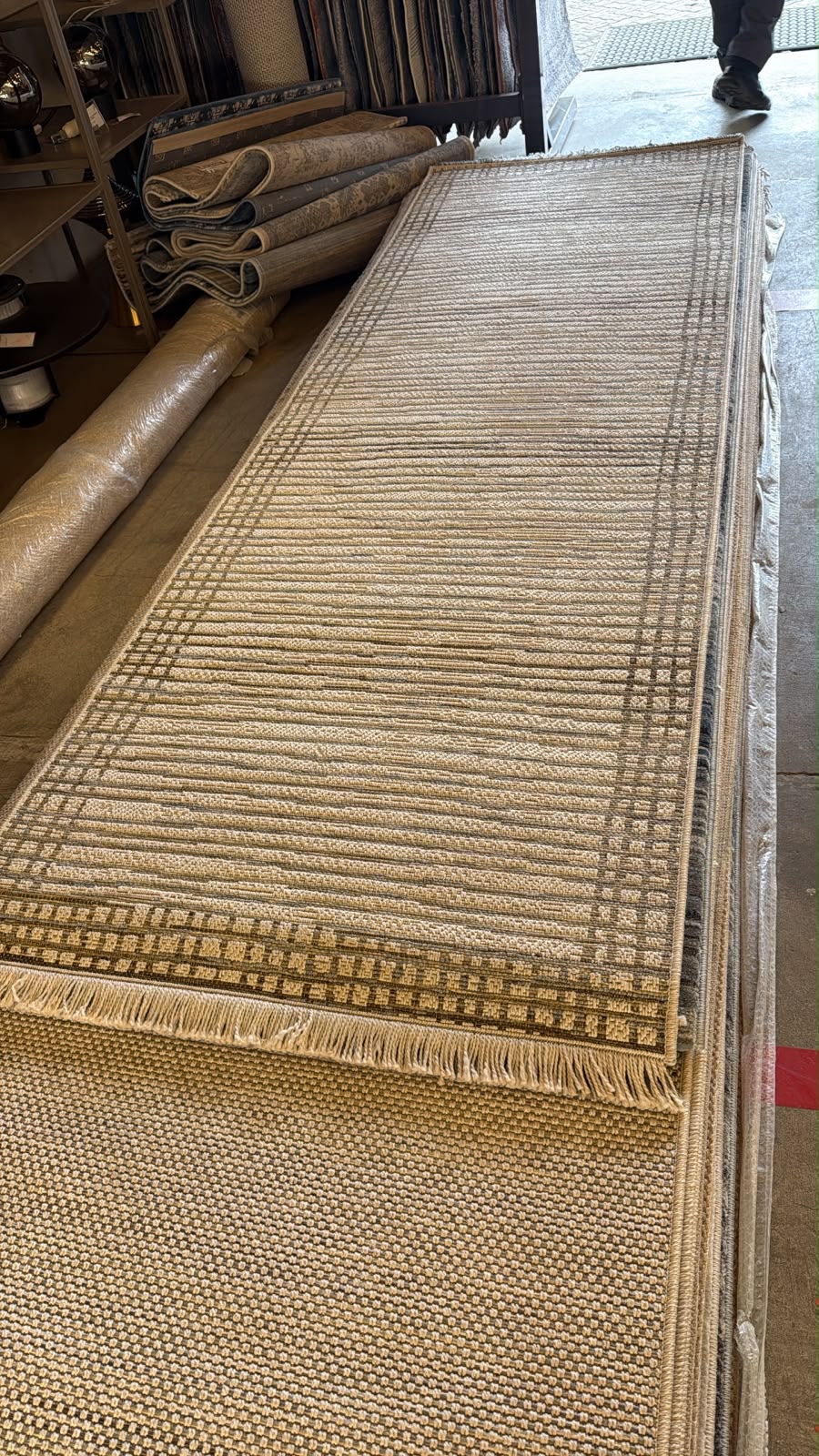 Gemelli Collection Oriental Weavers Kemet #2 beige corridor runner rug with brown tribal border, linear texture and fringe ends