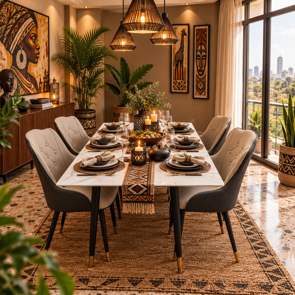 White Marble 4-Seater Dining Set – Rectangular Sintered Stone Table with Grey Button-Tufted Rattan Chairs