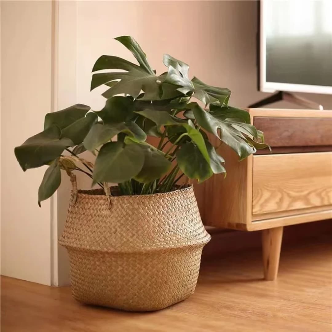 Seagrass rattan storage basket with a natural woven design for organising household items and reducing clutter.