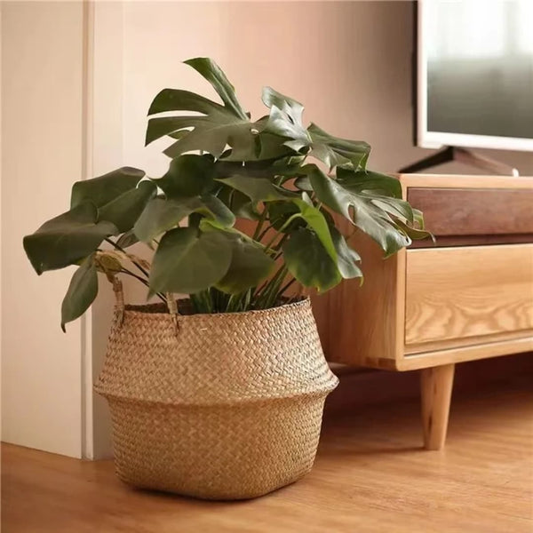 Seagrass rattan storage basket with a natural woven design for organising household items and reducing clutter.
