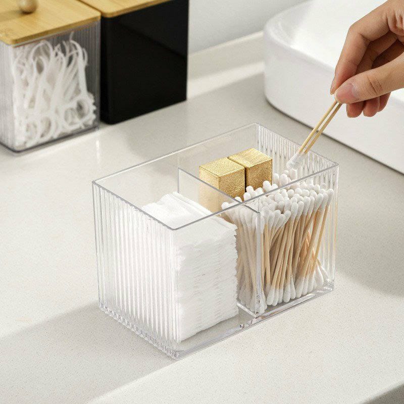 3-Compartment Acrylic Makeup Organizer with Bamboo Lid for Cotton Pads, Swabs, and Jewelry