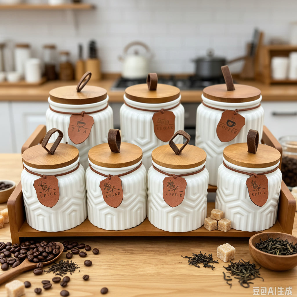 7 piece ceramic storage jar set with bamboo lids leather loop handles geometric embossed design and wooden stand for tea coffee sugar spices and pantry storage.