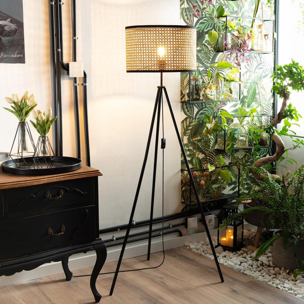 rattan floor lamp measuring 45x145cm with woven natural texture and elegant design providing warm ambient lighting 