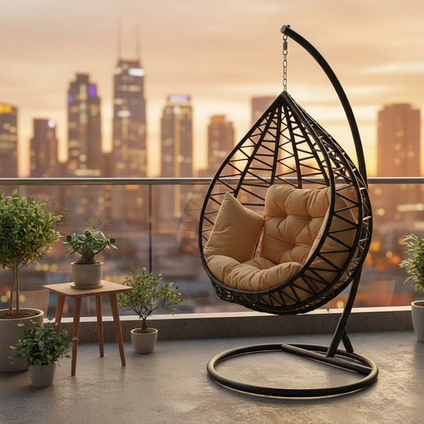 Outdoor round hanging swing basket chair with fibre pillows available in multiple colours for indoor and outdoor relaxation