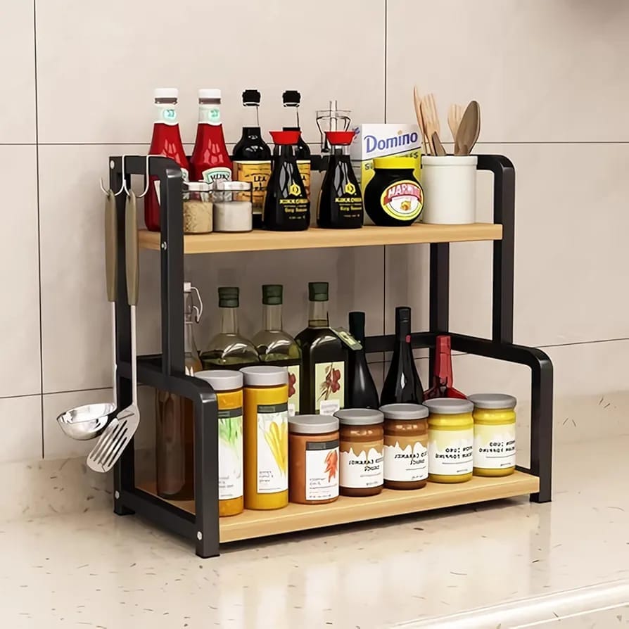Metallic and bamboo spice counter rack measuring 50cm x 18cm x 42cm for organising spices, condiments, and kitchen essentials on countertops