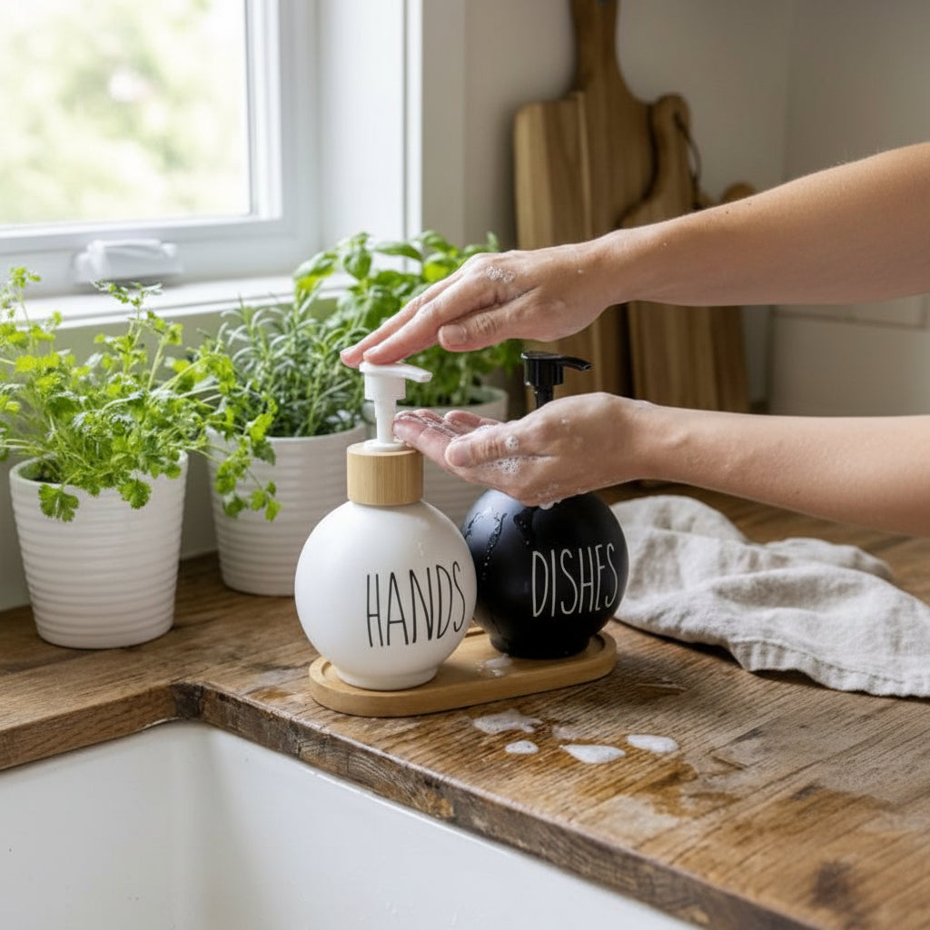 Hand soap dispenser with refillable pump design for dispensing liquid soap lotion and hand wash in bathrooms and kitchens