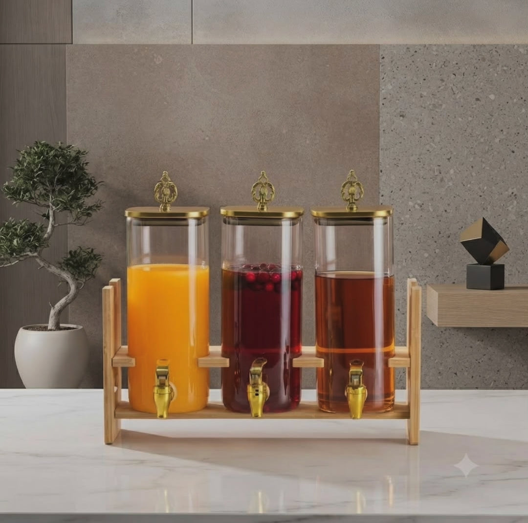 2.2L 3-piece beverage and juice dispenser set with gold-tone metal lids and bamboo bases, available in square and round shapes for parties and home entertaining