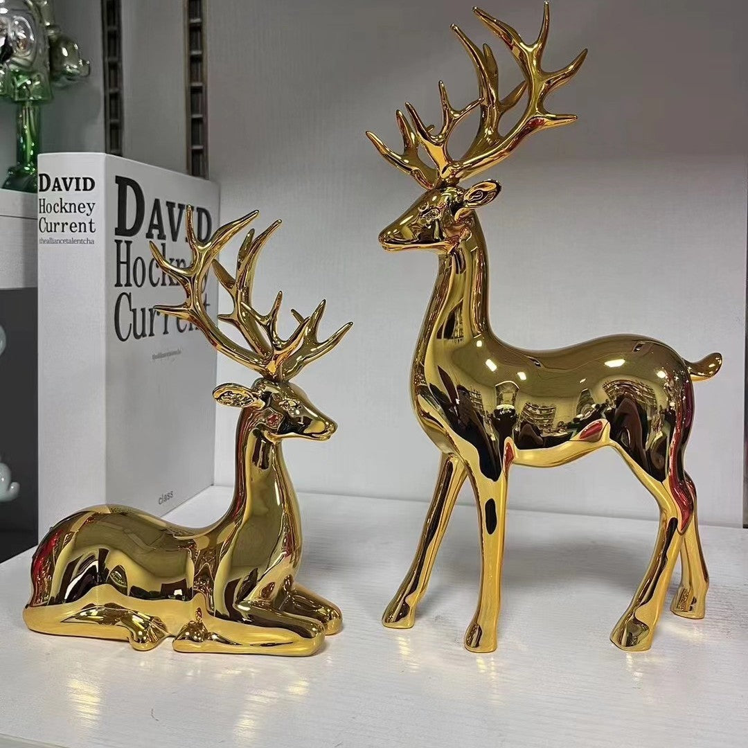 Resin Deer Figurines, 2pcs Gold Electroplated Home Office Décor