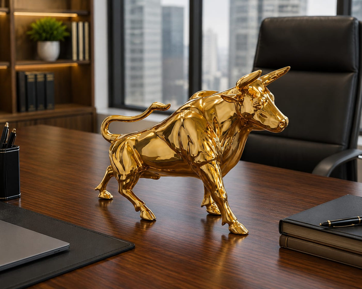 Gemelli Colllection golden charging bull sculpture resin luxury decorative figurine gold bull statue symbol of wealth success power modern office desk decor statement piece executive home decor animal sculpture elegant resin art figurine luxury interior styling accessory