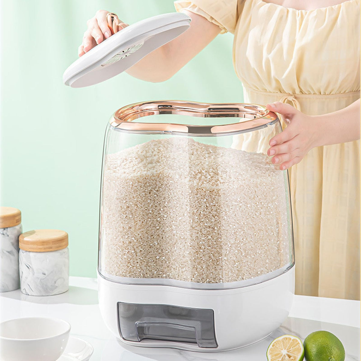 apple shape rice dispenser 10kg capacity PP grain storage container with easy dispensing mechanism for rice cereals beans grains and pantry organisation.