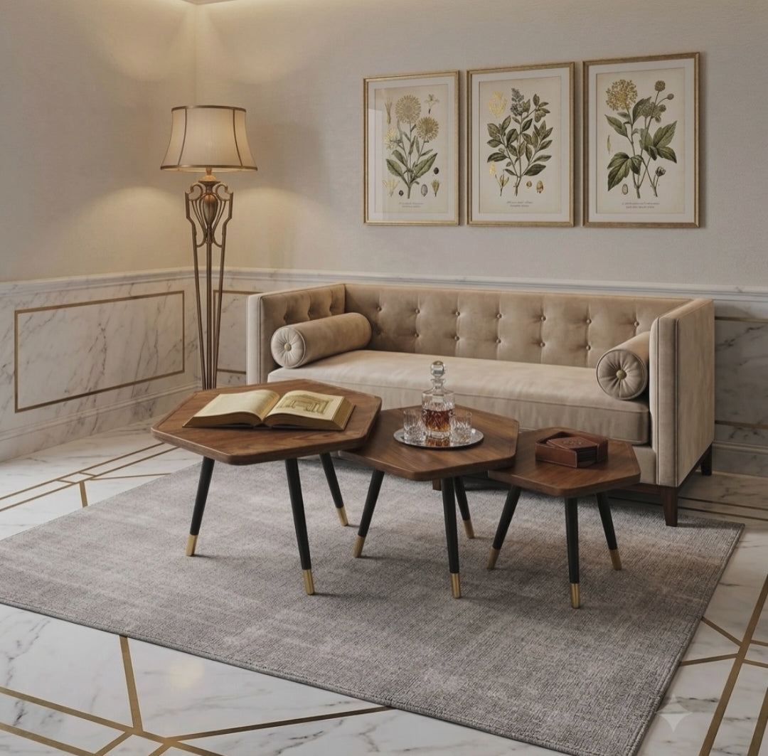 3 piece nesting table set with MDF tops black metal legs and gold lacquered feet available in round and hexagonal designs for living rooms and bedrooms.