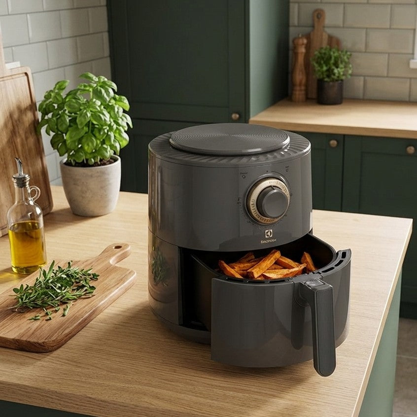 Electrolux UltimateTaste 300 3L air fryer with digital controls and rapid air technology for healthy oil free cooking.