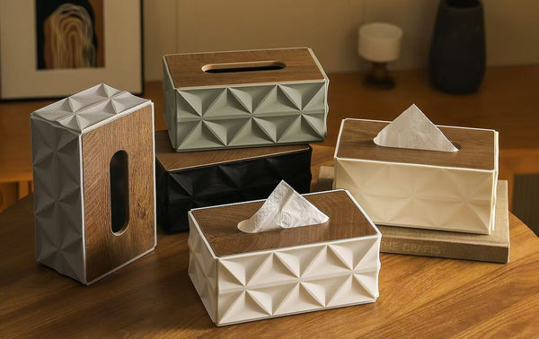 Luxury Tissue Box Holder, Modern Geometric Design with Wood-Finish Top, Decorative Home and Office Accessory, Available in White, Beige, Green, and Grey