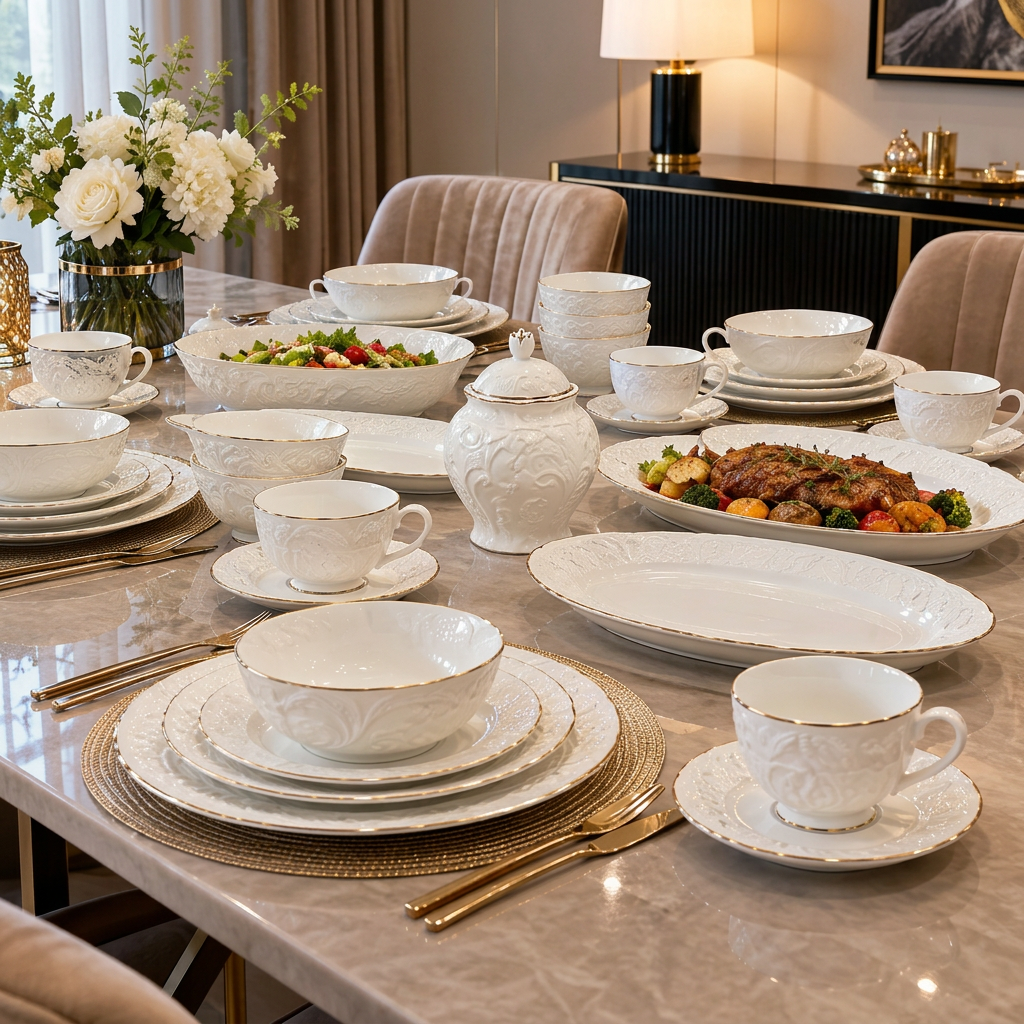 39-Piece White Embossed Porcelain Dinner Set with Gold Rim