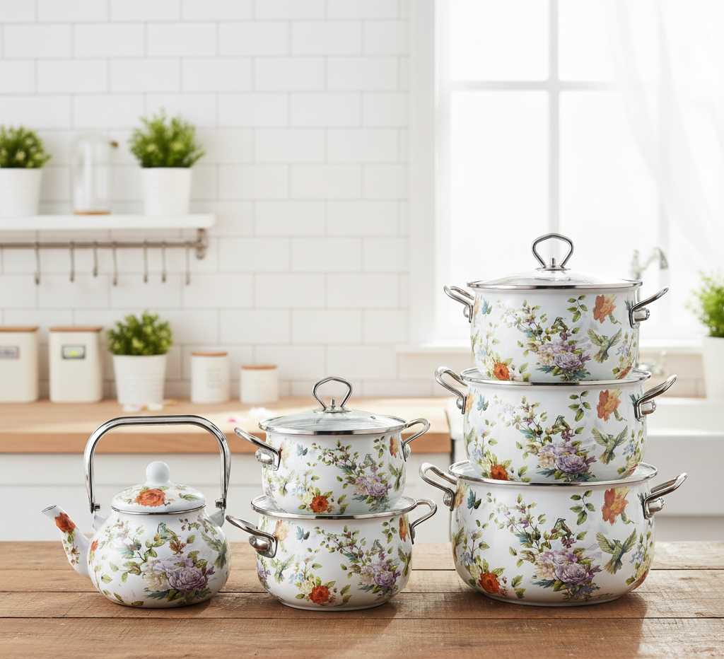 Gemelli Collections enamel cookware set with four casseroles and a matching kettle