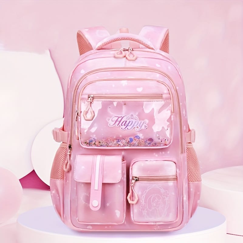 girl’s school bag in purple, blue, and pink