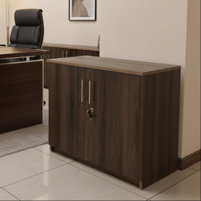 80 x 70 x 38 cm two-door lockable office storage cabinet with adjustable shelf, available in light oak, dark walnut, and medium brown finishes.