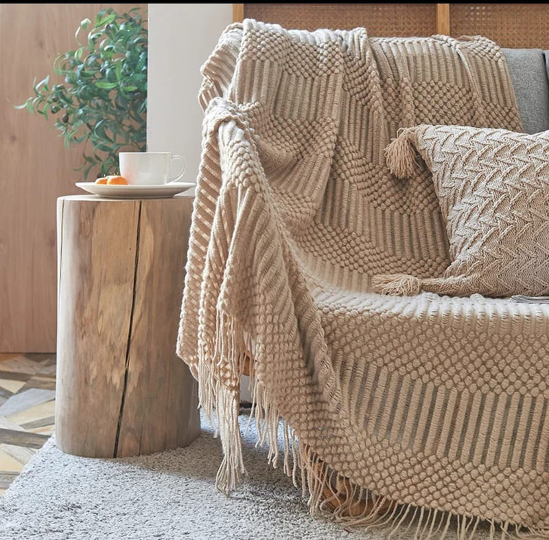 Gemelli Colllection acrylic knitted throw blanket 150x180cm cosy warm sofa blanket beige grey mustard burnt orange home décor throw wrap