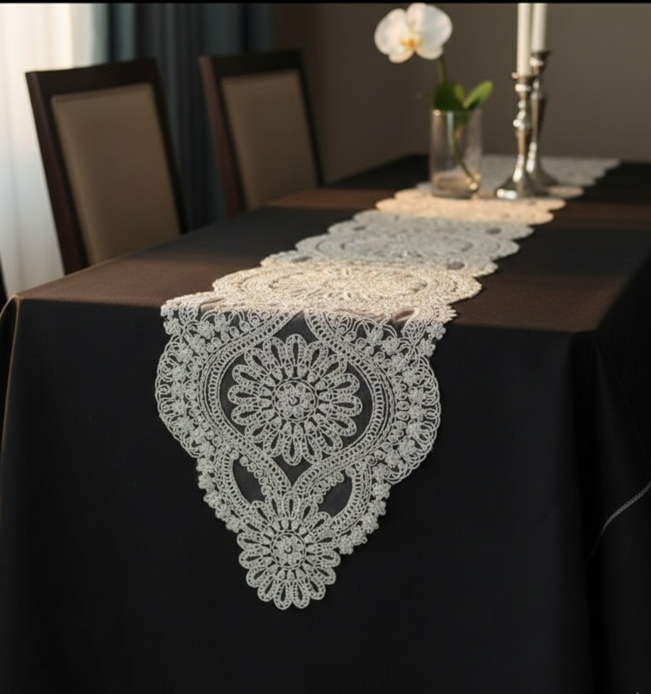 Modern Beige Lace Handmade Embroidered Table Runner, 35×210cm, Elegant Dining Decor