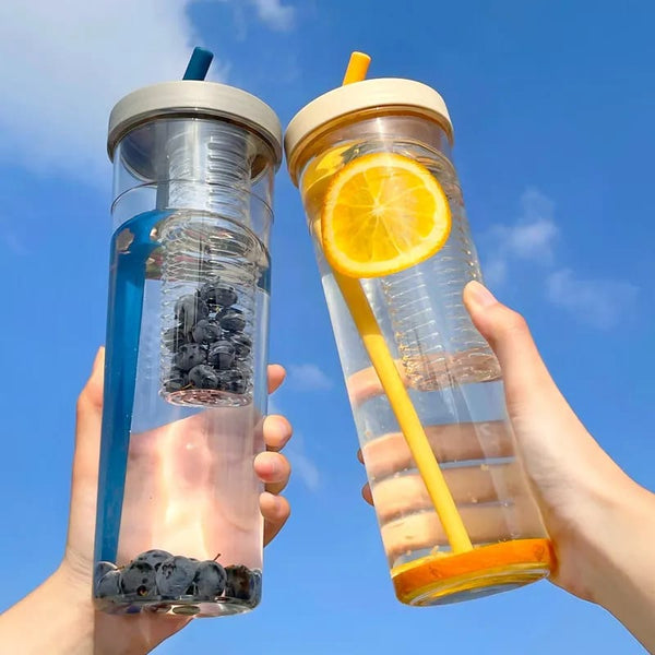 Cute 700ml Water Bottle with Foldable Straw and Built-in Filter – Portable Fruit Tea Drink Cup for Office and Outdoor Use