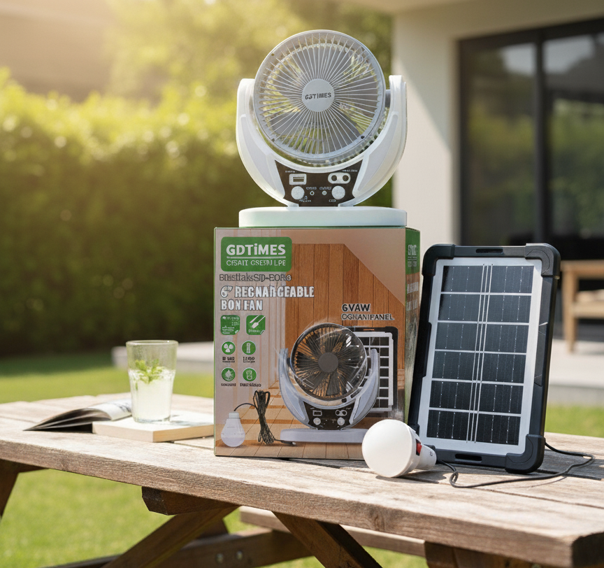 Solar rechargeable box fan with multiple speed settings and long-lasting battery backup for home and outdoor use