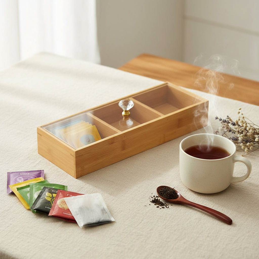 3-Slot Wooden Tea Bag Organizer with Acrylic Lid