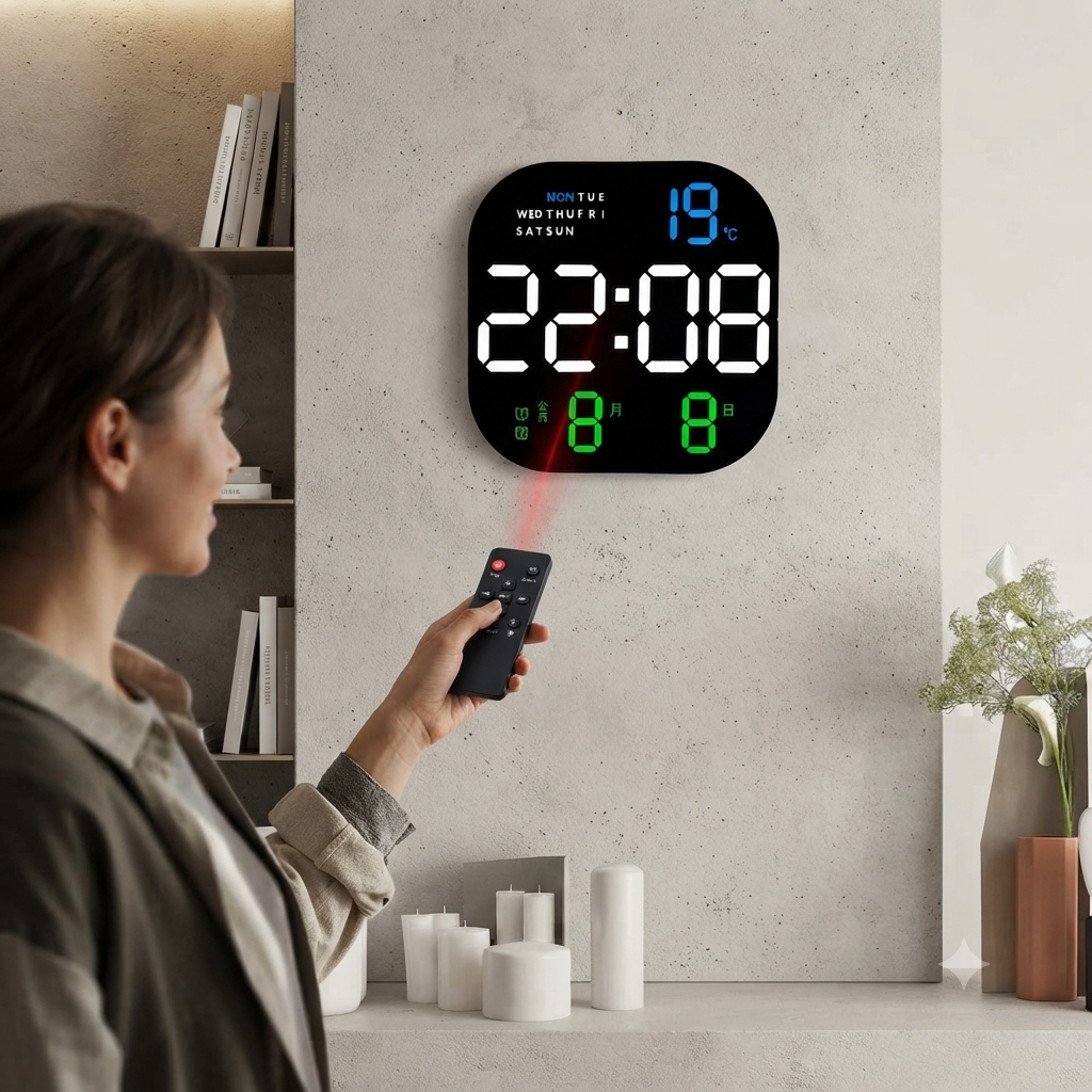 smart LED digital wall clock with remote control large display auto dimmable clock dual alarms stopwatch temperature display date display 12 hour 24 hour time format wall mounted modern home office clock with night vision downlight.