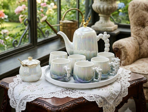 Gemelli Colllection 12pc gold deer lid accent tea set white porcelain luxury tea set ribbed design teapot cups sugar bowl serving tray elegant tea service set for home café Airbnb gifting