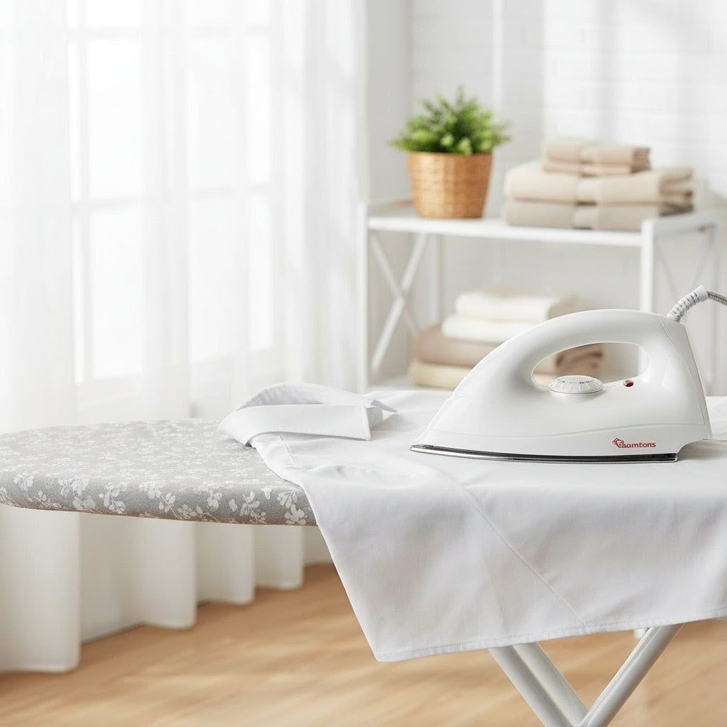 white 1000w dry iron with non-stick soleplate and indicator lamp