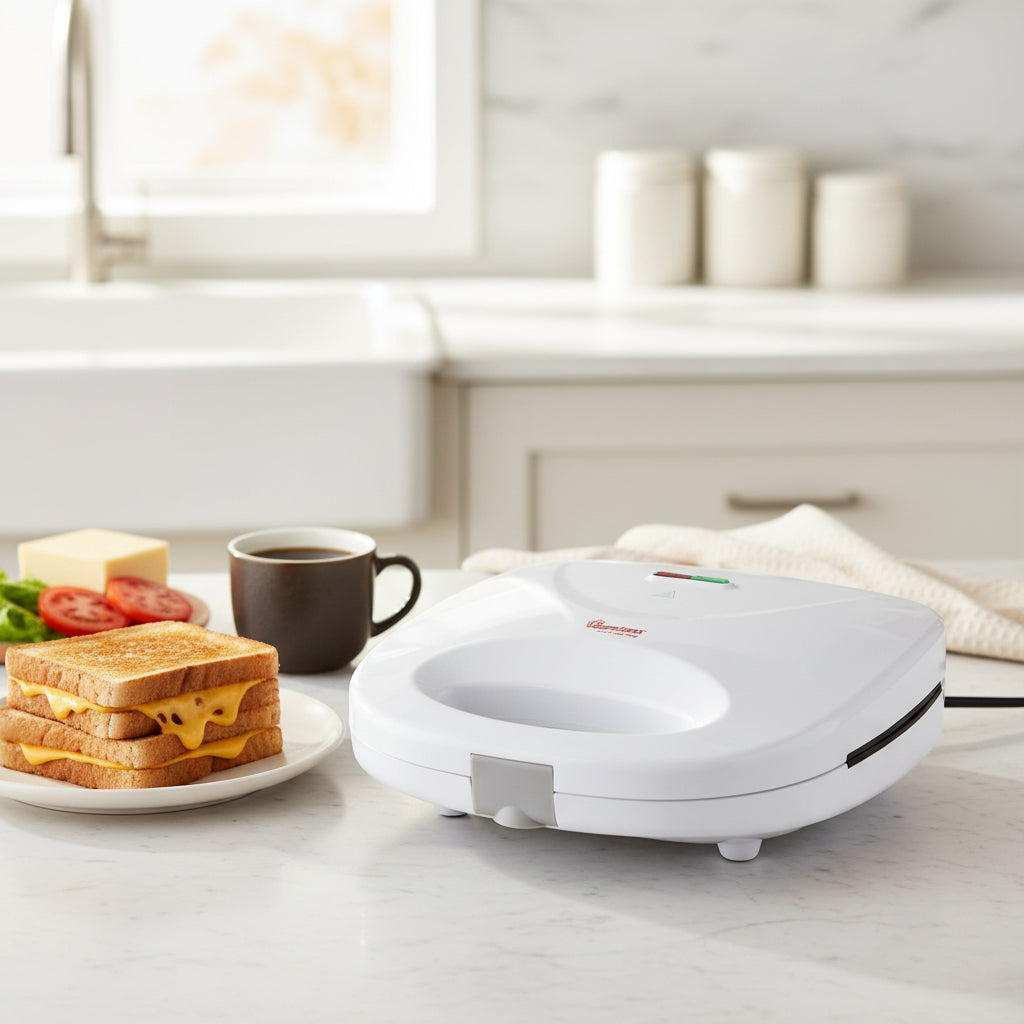 White 2 slice sandwich toaster with non-stick plates and cool-touch handle