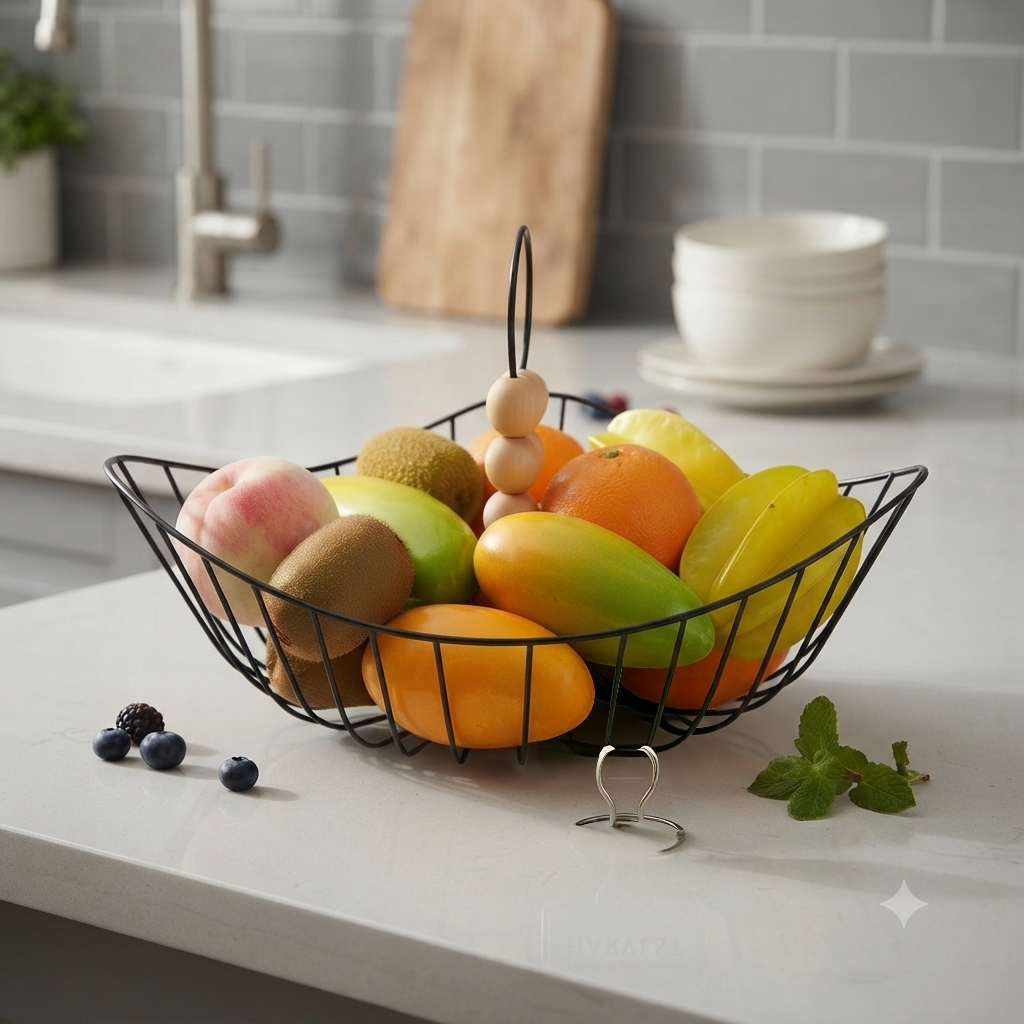 Single layer metallic fruit rack with durable open design for organising and displaying fruits vegetables and kitchen essentials.